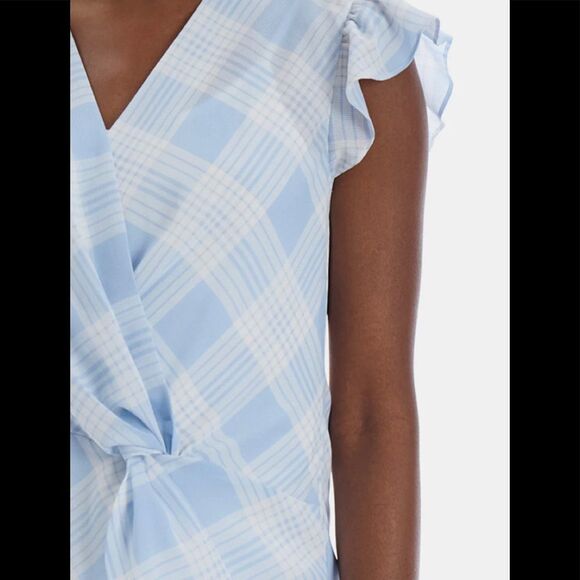 FRONT knot wrap plaid check blouse ruffle sleeve Blue white Sz S NWT - Picture 3 of 11
